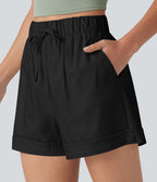 Short ample décontracté taille haute en coton et lin, cordon de serrage, ourlet retroussé et poches