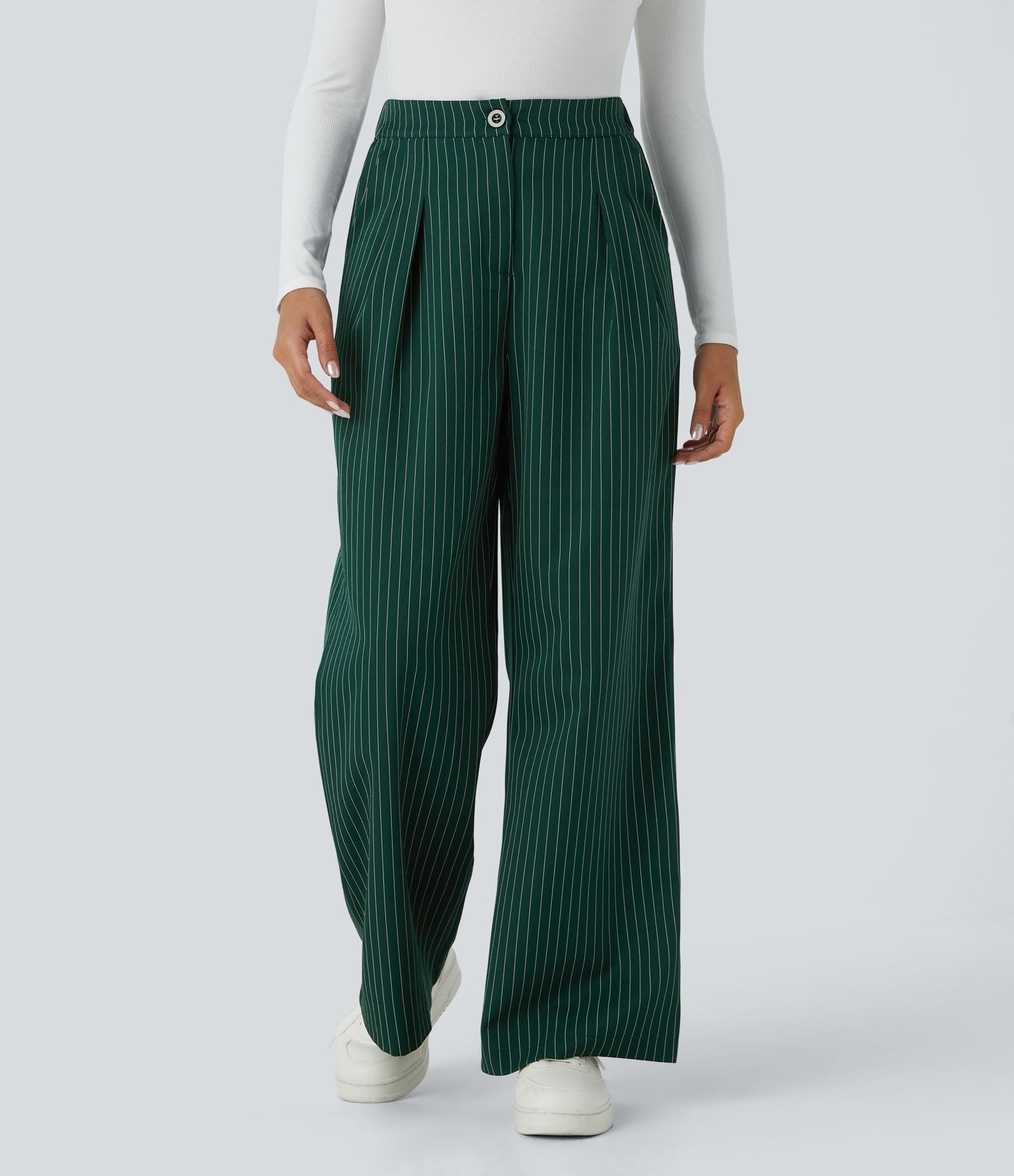 Pantalon Tailleur Large Fluide à Rayures, Taille Haute, Bouton et Fermeture Éclair, Poches Latérales