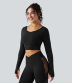 Haut de sport yoga court push-up à manches longues avec passants pouces et dentelle contrastée - UPF50+ SoftlyZero™