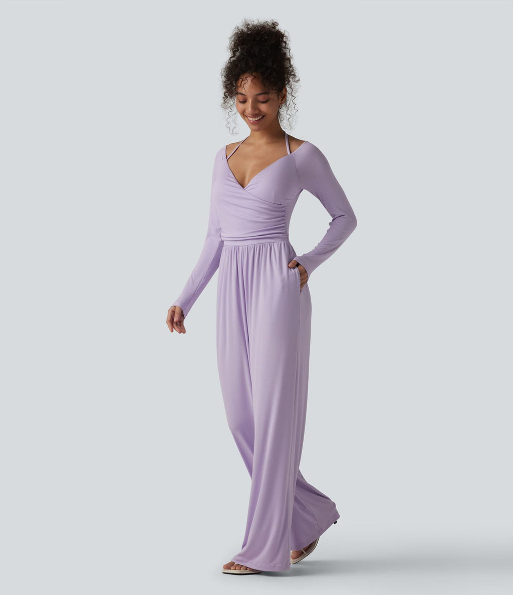 Combinaison casual en maille côtelée dos nu noué épaules dénudées manches longues avec soutien-gorge intégré et poches