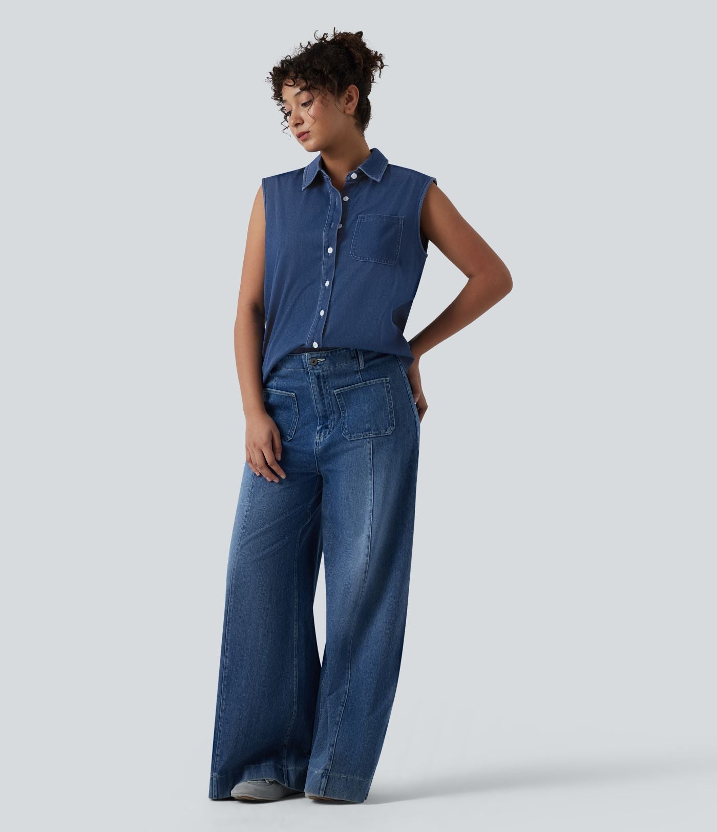 Halara Flex™ Chemise décontractée sans manches en denim avec poche