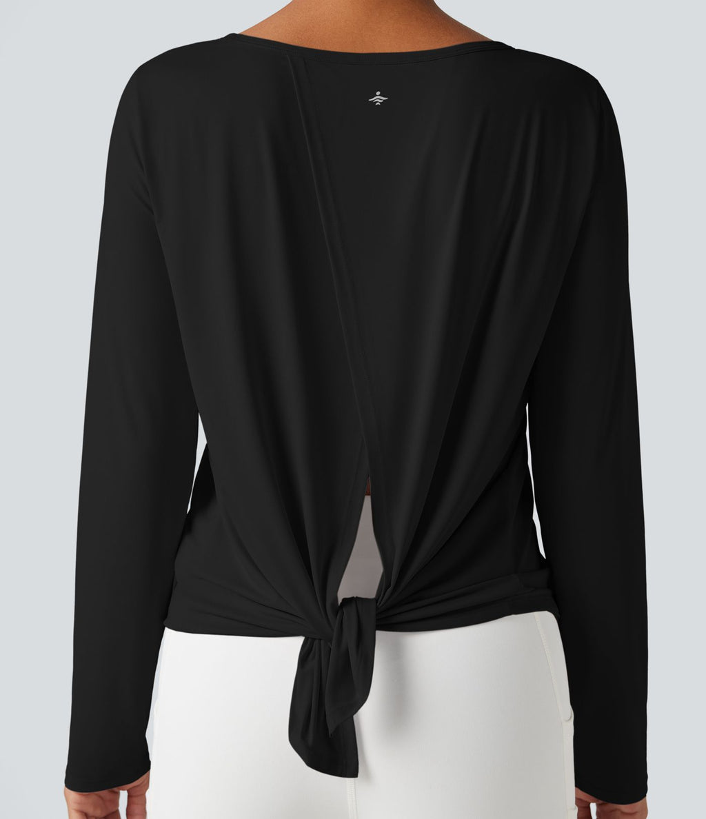 Top de sport yoga décontracté col échancré manches longues fendu
