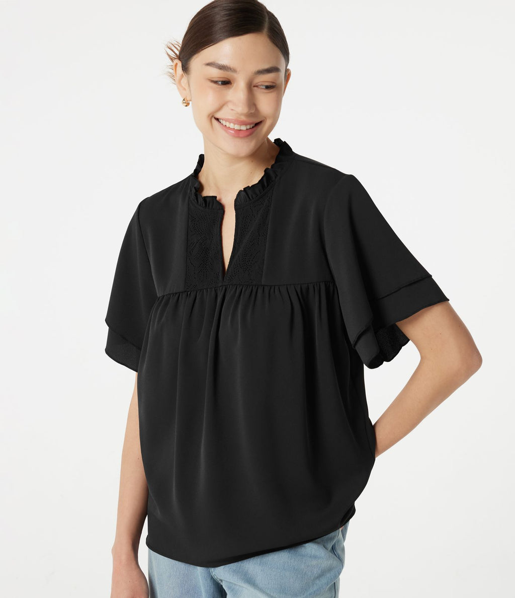 Blouse casual col V à volants, manches courtes et dentelle contrastée