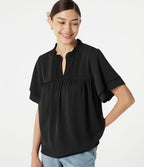 Blouse casual col V à volants, manches courtes et dentelle contrastée