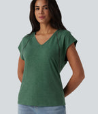 T-shirt casual chiné col V à manches courtes chauve-souris