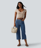 Jean droit court décontracté Halara Flex™ rayé taille haute avec poches
