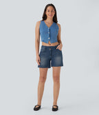 Short asymétrique en jean délavé Halara Flex™ taille basse à poches multiples