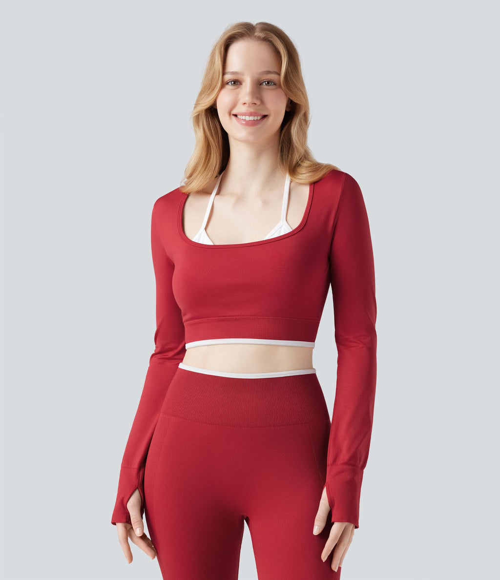 Haut de sport yoga court dos nu à manches longues avec passants pouces et blocs de couleurs sans coutures Seamless Flow