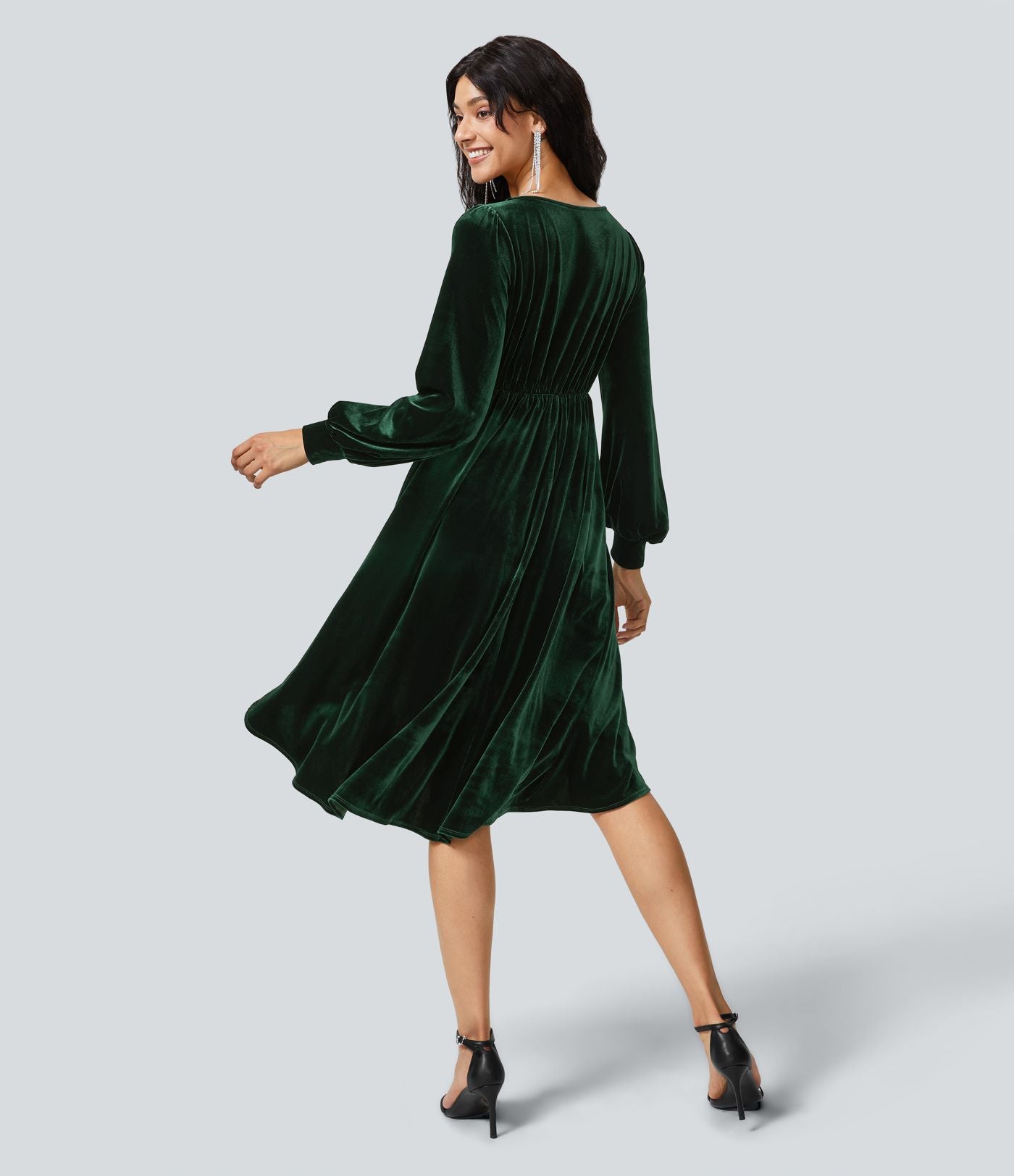 V Neck de Crossover Bishop Long Sleeve High Low Flowy Velvet Midi Casual Dress