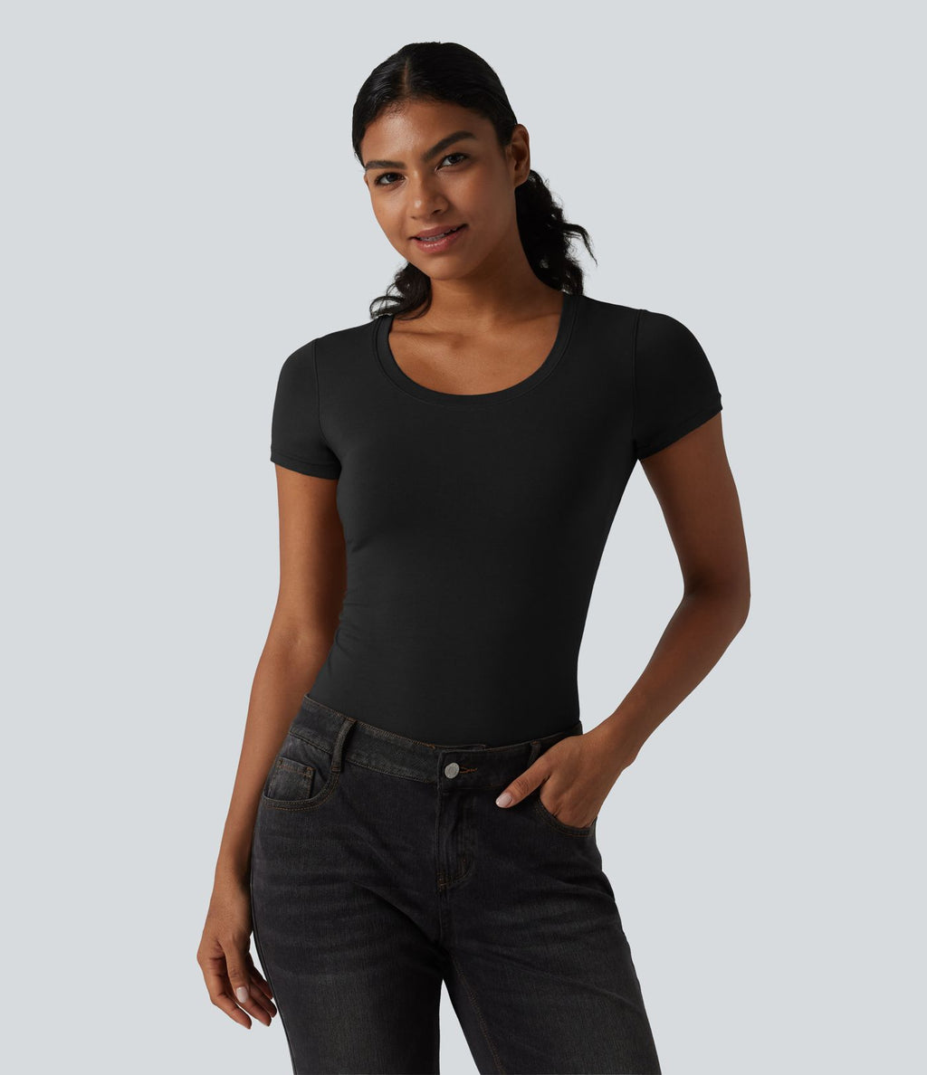 Halara T-shirt en jersey de coton col rond échancré manches courtes avec soutien-gorge intégré bonnets B-DD