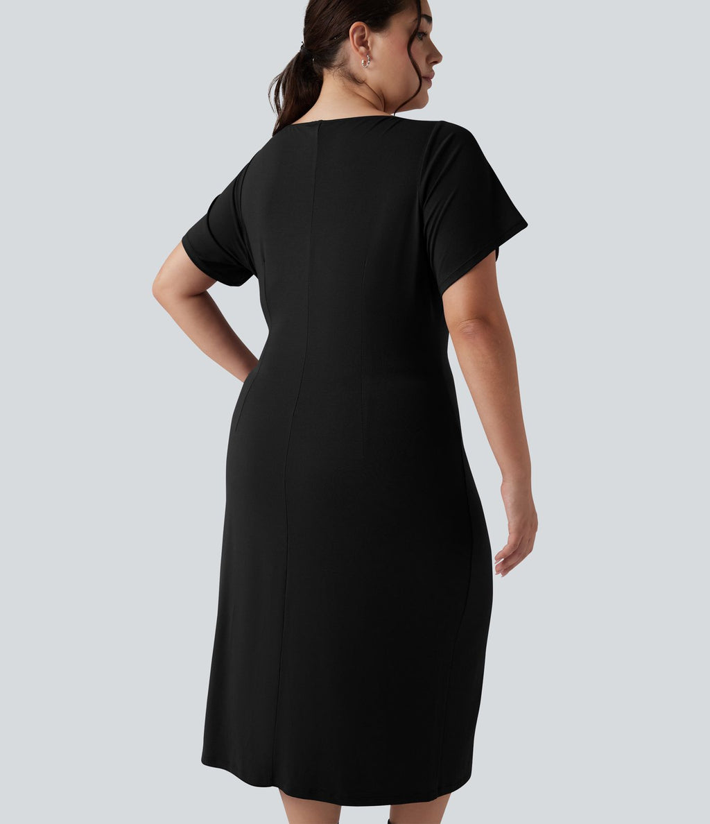 Robe midi grande taille moulante froncée à manches courtes avec fente pour le travail