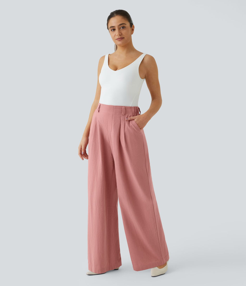 Pantalon Fluide Large Taille Haute Poches Latérales Palazzo Solide Casual Linen-Feel