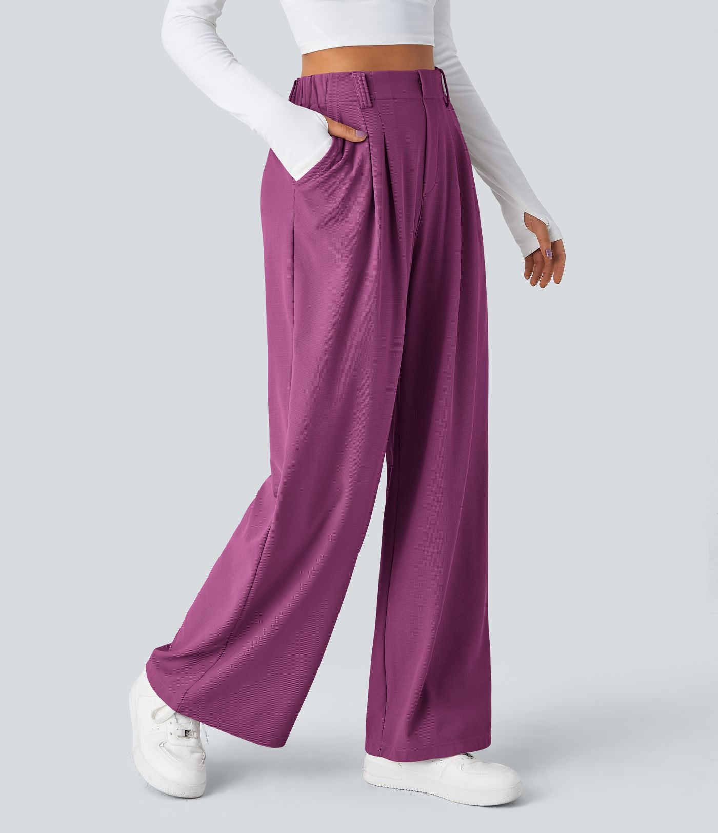 Pantalon Tailleur Large Fluide Halara Flex™ Gaufré Taille Haute Poches Latérales