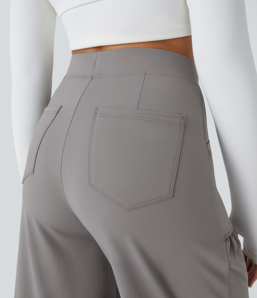 Pantalon Large Yoga Taille Haute avec Cordon de Serrage Plusieurs Poches et Plis
