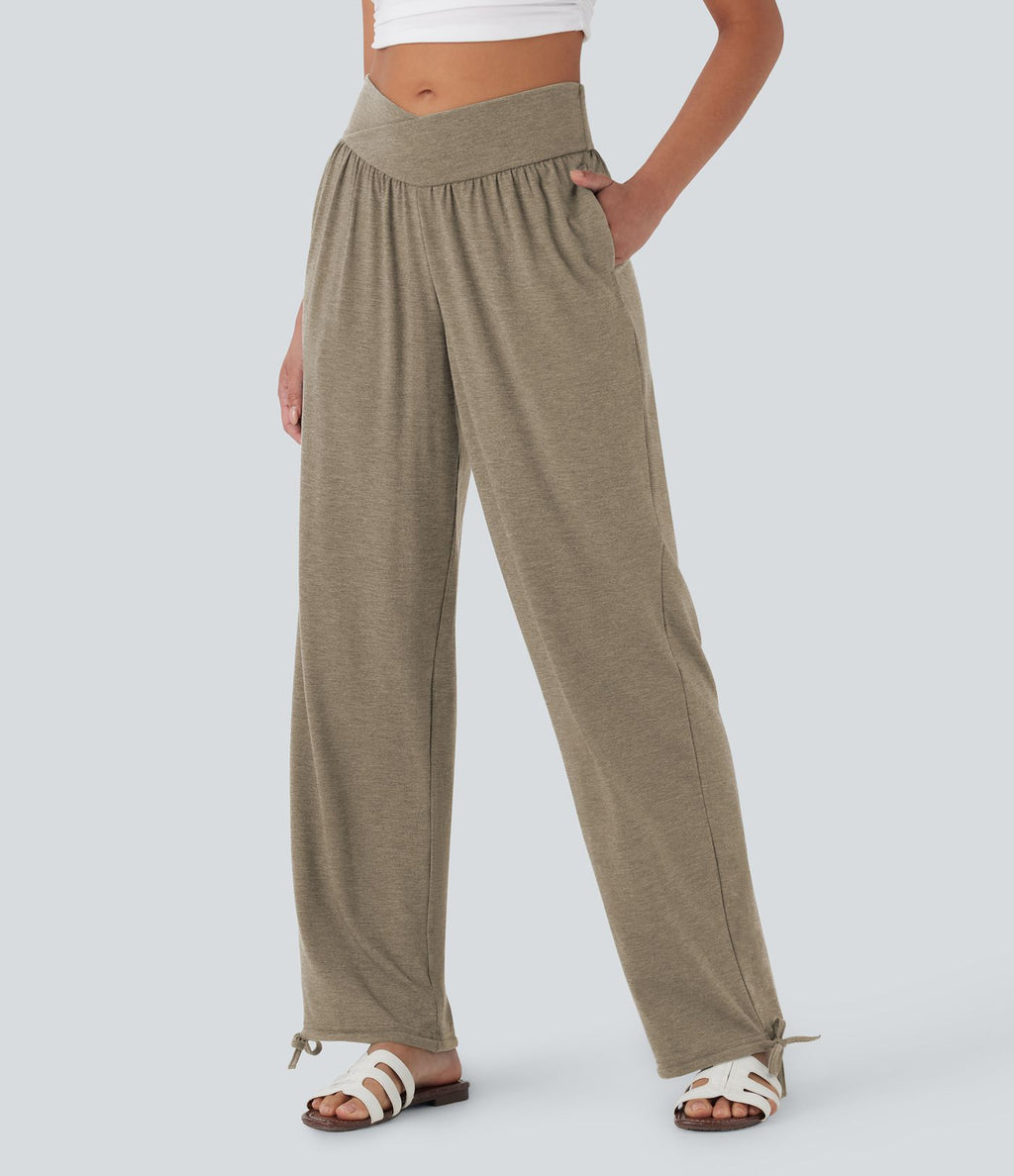 Pantalon de jogging décontracté à taille haute croisée avec poches latérales et cordon de serrage
