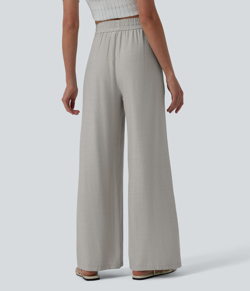 Pantalon casual large fluide mélange lin taille haute avec cordon de serrage et poches