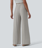 Pantalon casual large fluide mélange lin taille haute avec cordon de serrage et poches