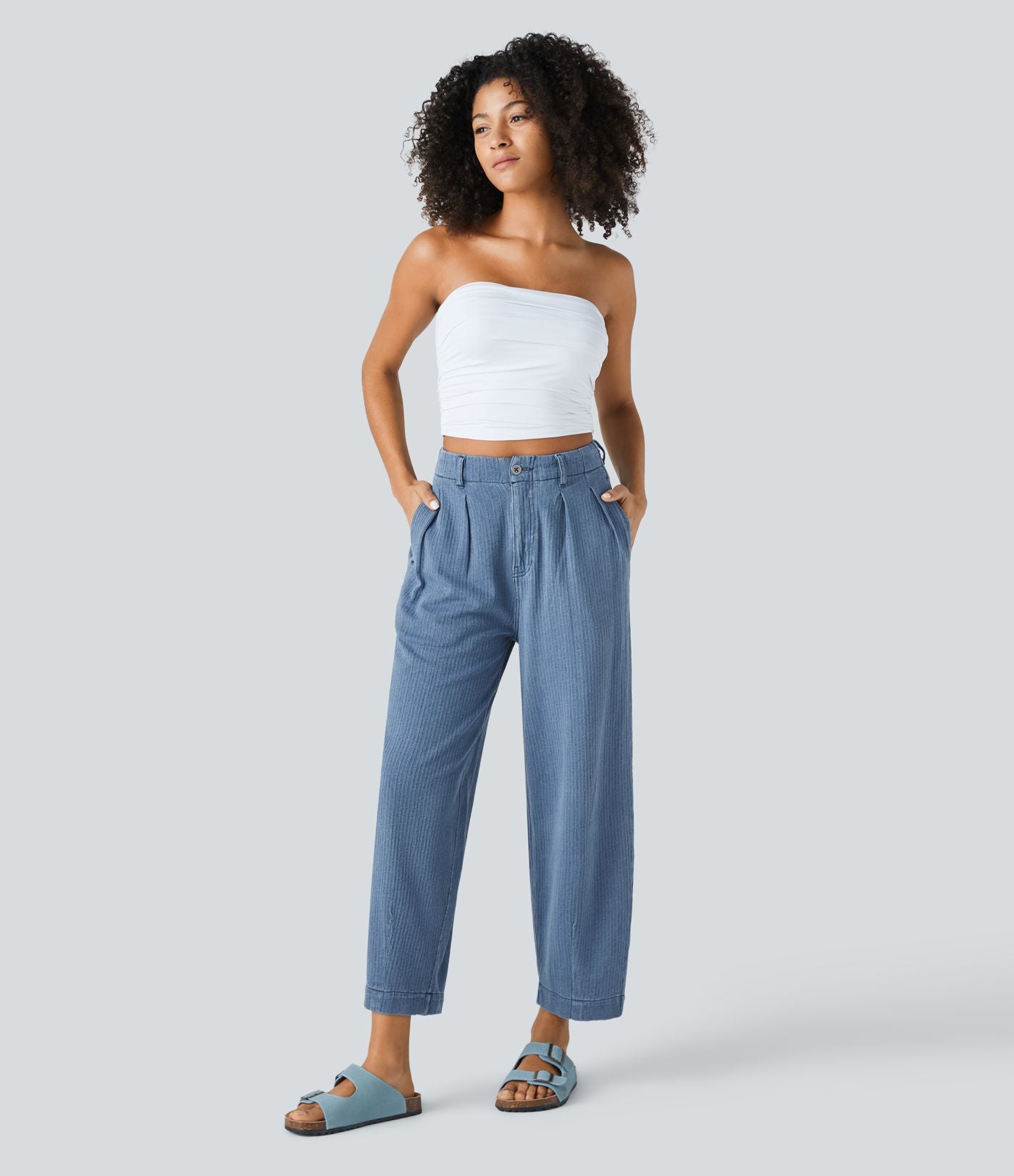 Jean carotte 7/8 casual délavé Halara Flex™ taille mi-haute avec poches