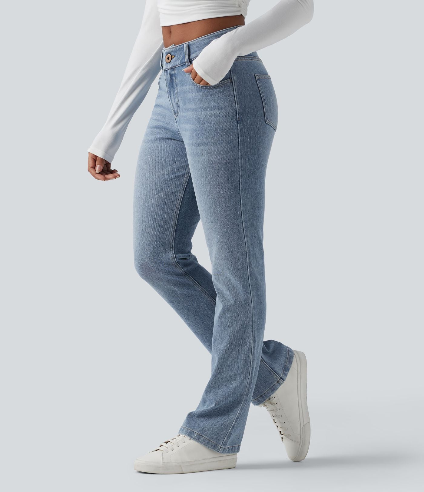 Jean bootcut délavé Halara Flex™ taille basse avec bouton, fermeture éclair et poches multiples