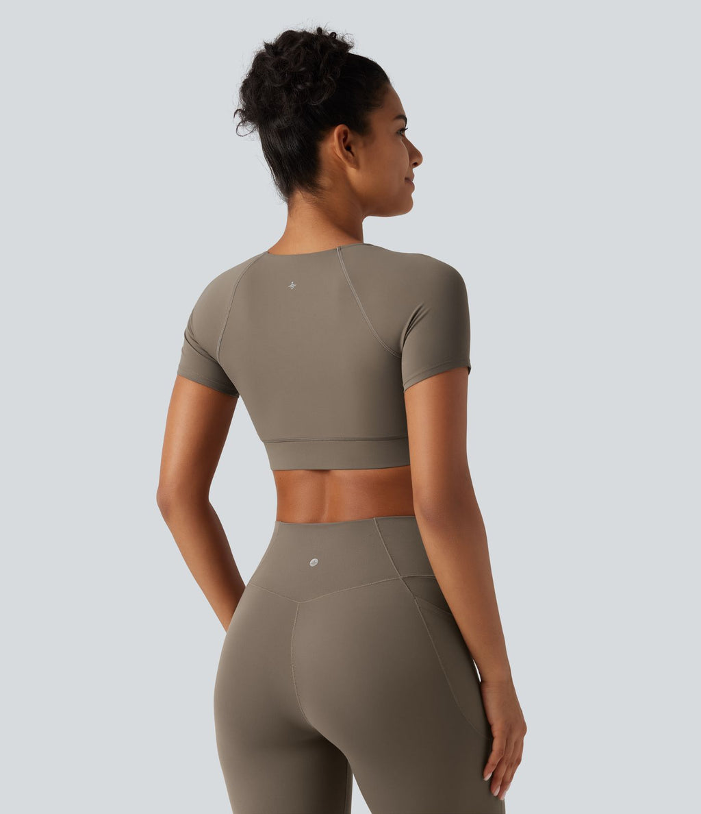 Crop top col V manches courtes Halara UltraSculpt™, base croisée et coussinets amovibles