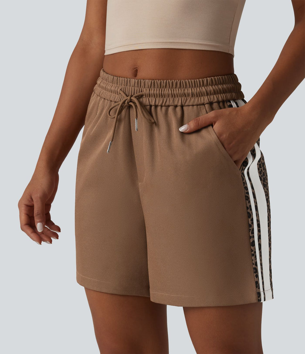 Short ample décontracté à taille mi-haute, cordon de serrage, rayures color block, imprimé léopard contrastant, 12,5 cm, avec poches