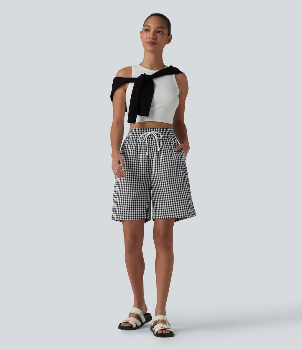 Short ample taille haute à carreaux vichy avec cordon de serrage et poches