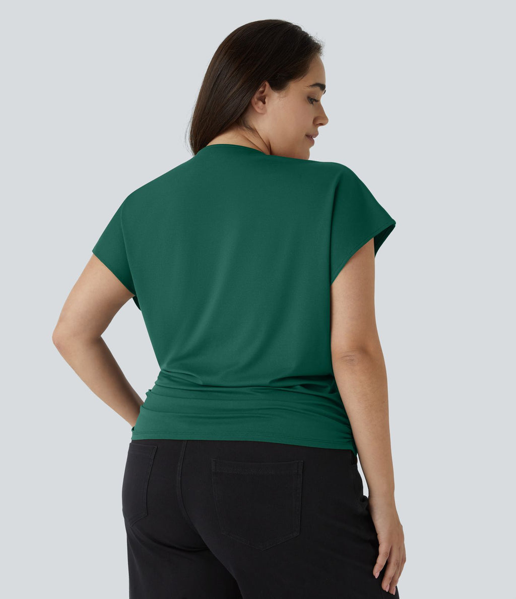 Blouse Travail Unie Froncée Croisée Manches Courtes Col en V Grande Taille