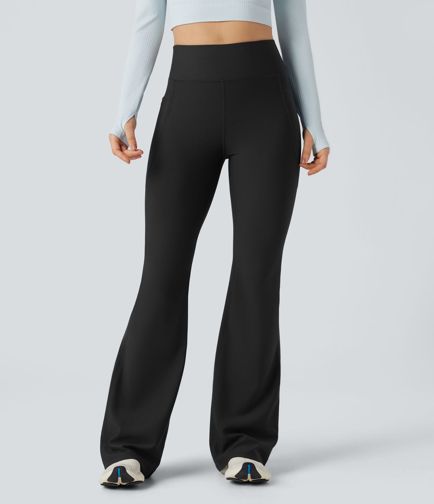 Pantalon de yoga évasé thermique en polaire froncée, taille haute, avec poches