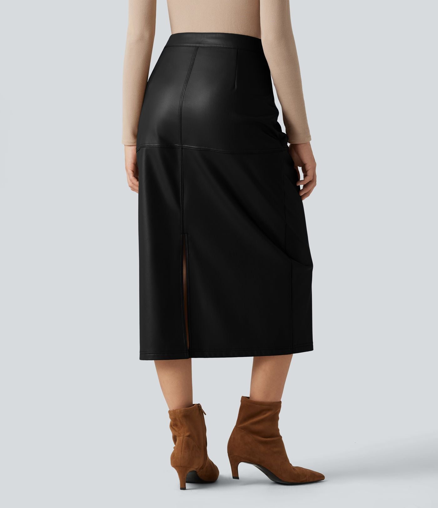 Jupe crayon midi habillée taille haute en simili cuir doublé polaire avec fermeture éclair invisible et fente