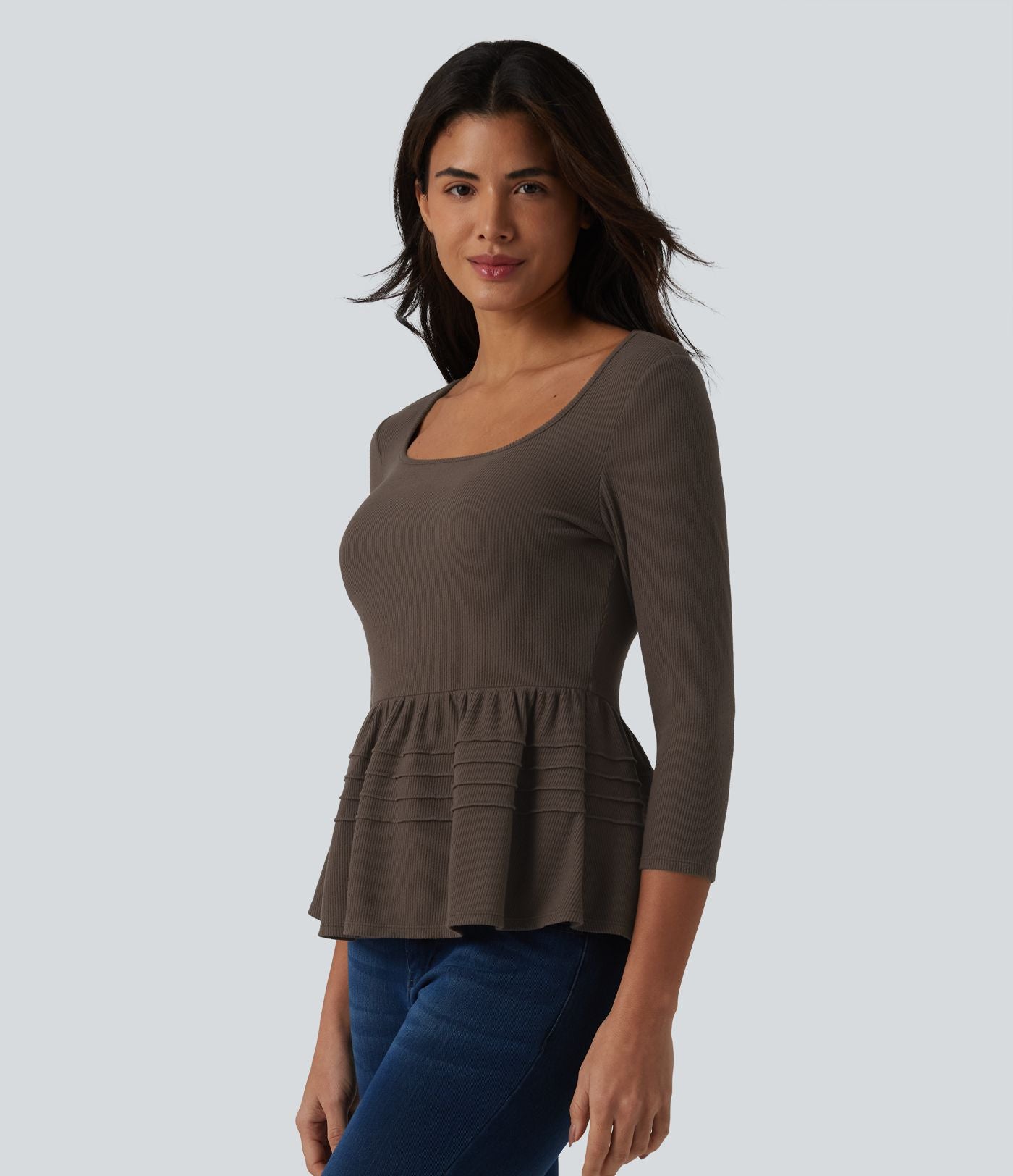 Haut babydoll décontracté en maille côtelée col en U manches 3/4