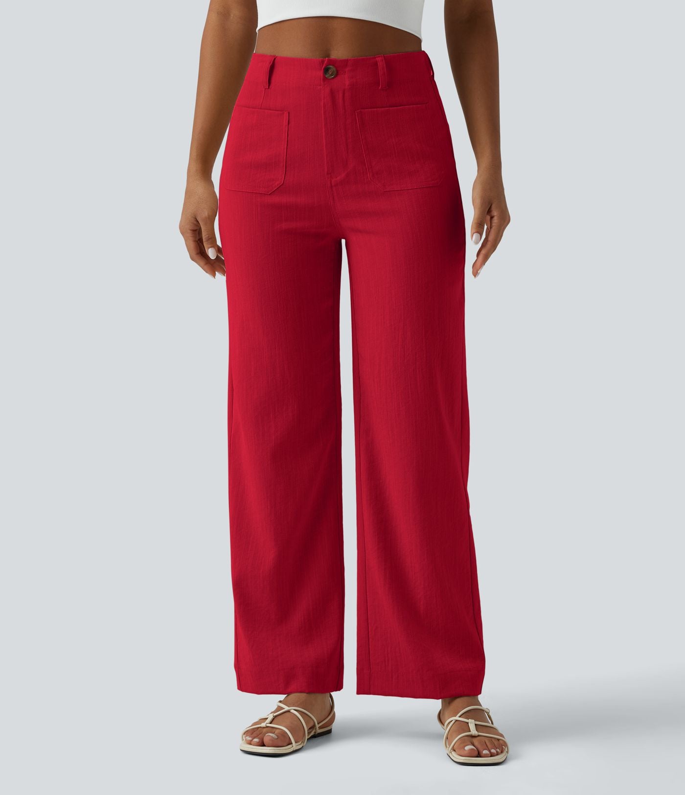 Pantalon taille haute coupe droite effet lin avec poches