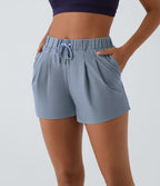 Short 7,5cm Casual à Taille Moyenne avec Ceinture Élastique Cordon de Serrage et Poches Latérales Ruchées