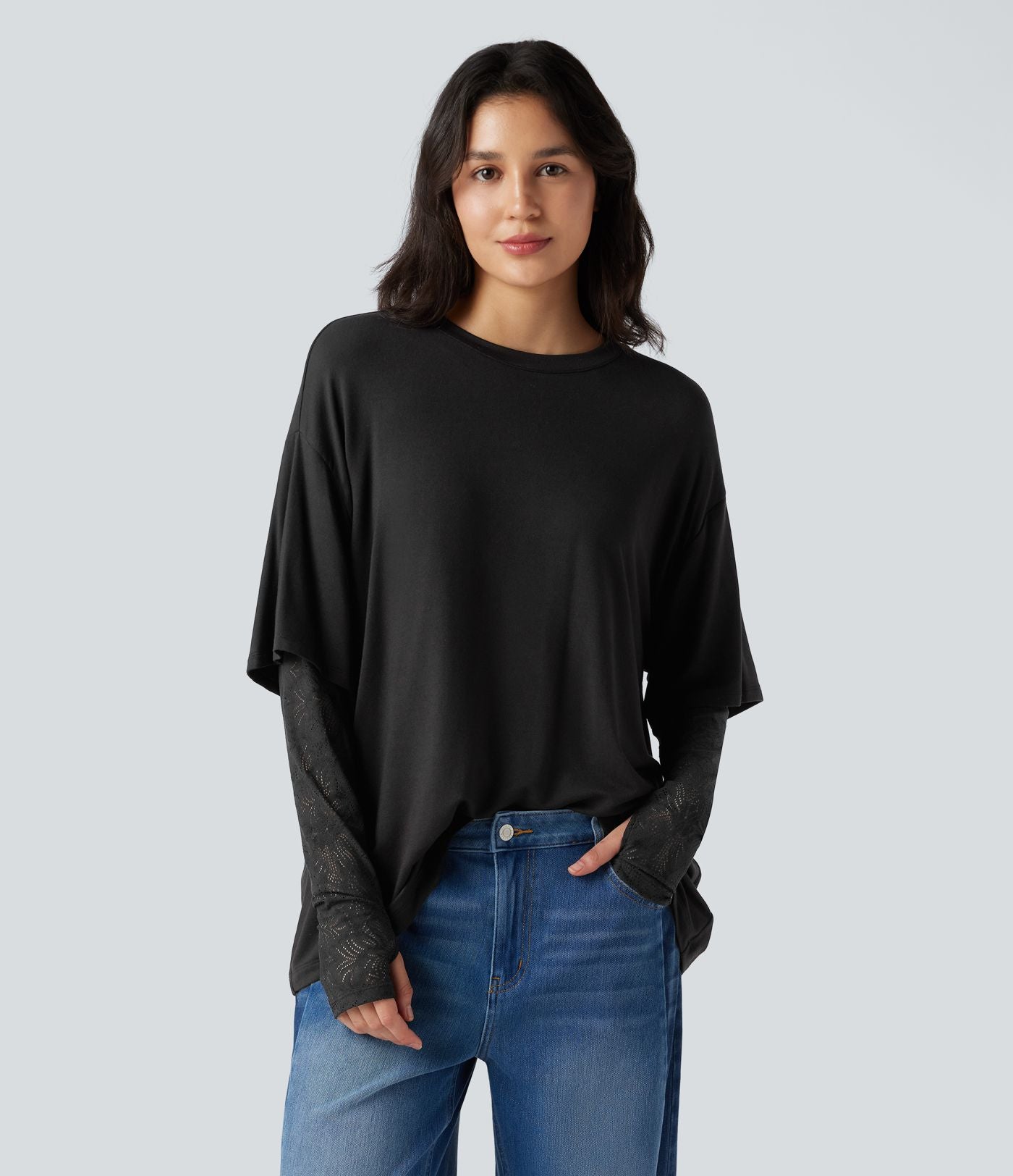 Top 2-en-1 dentelle contrastante col rond manches longues avec trous pouces