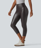 Legging corsaire taille haute ventre plat en similicuir extensible avec poches