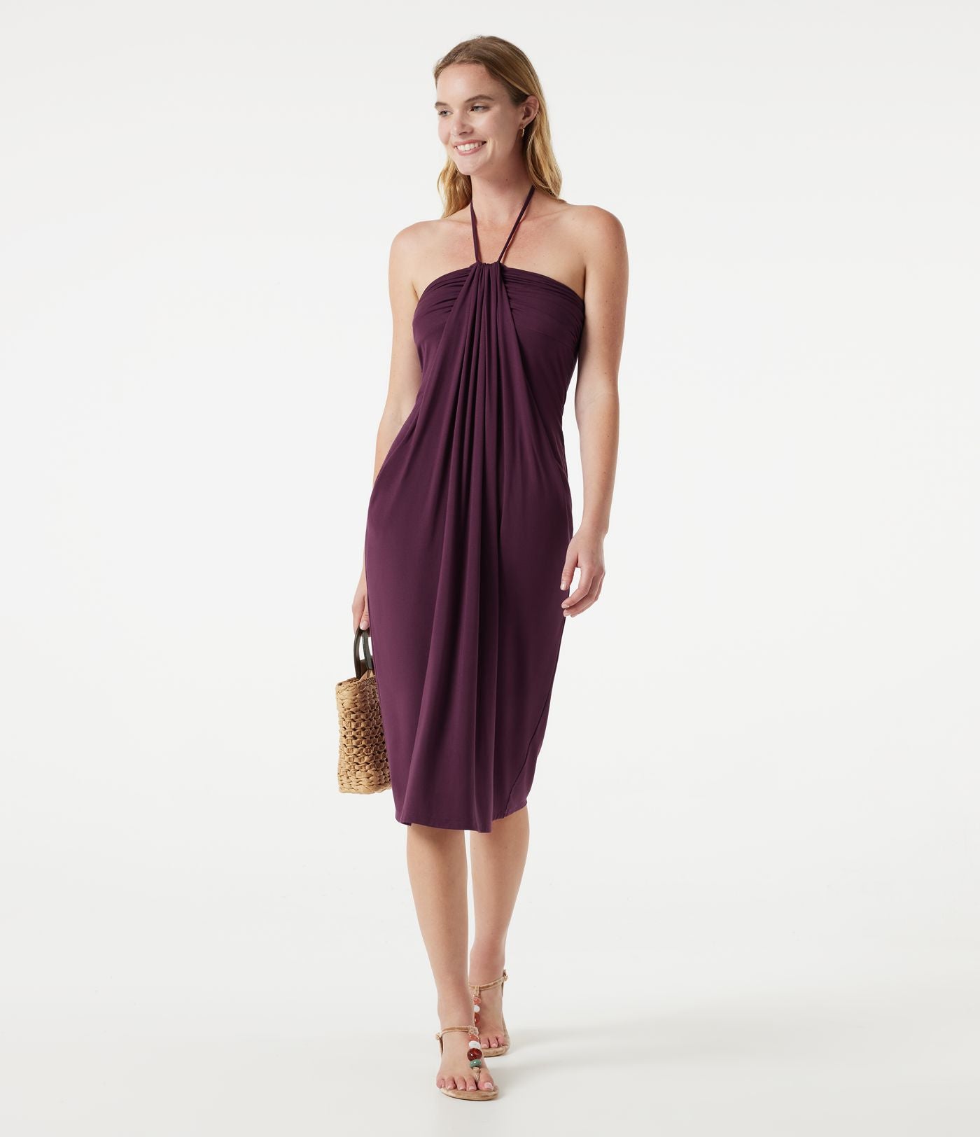 Robe midi dos nu à col halter avec lien noué au dos et poches