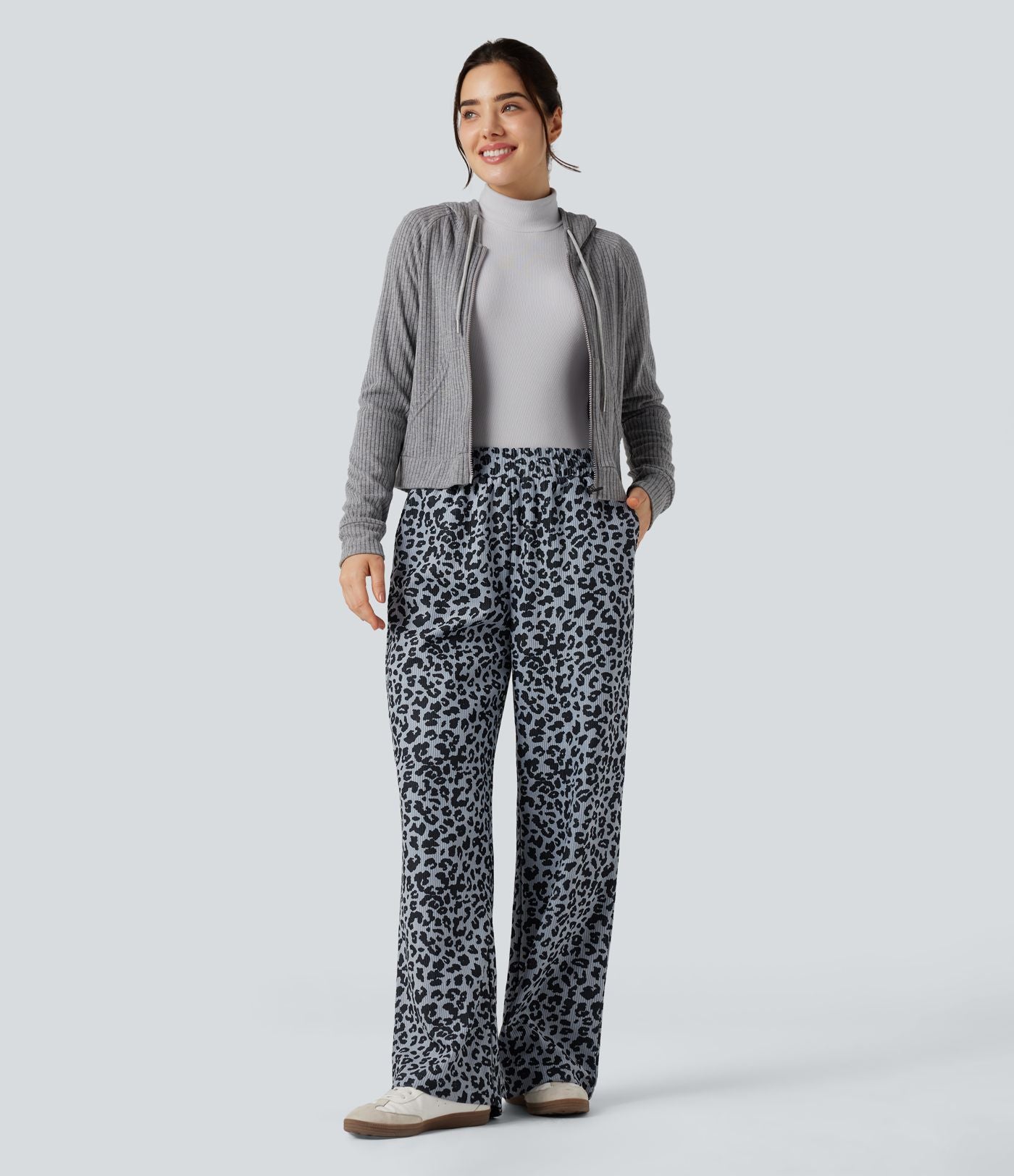 Pantalon léopard ample décontracté velours côtelé imprimé taille haute avec poches