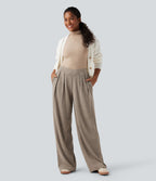 Pantalon décontracté droit côtelé, taille haute, avec poches et détail croisé