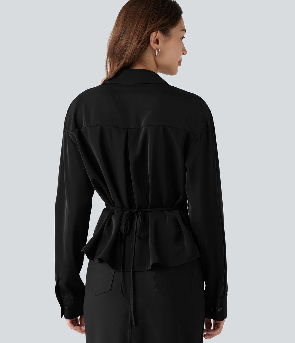 Chemise esprit bureau défroissage facile, col V, dentelle contrastée, manches longues, lien au dos et détail torsadé