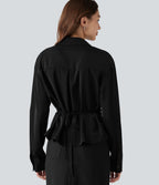 Chemise esprit bureau défroissage facile, col V, dentelle contrastée, manches longues, lien au dos et détail torsadé