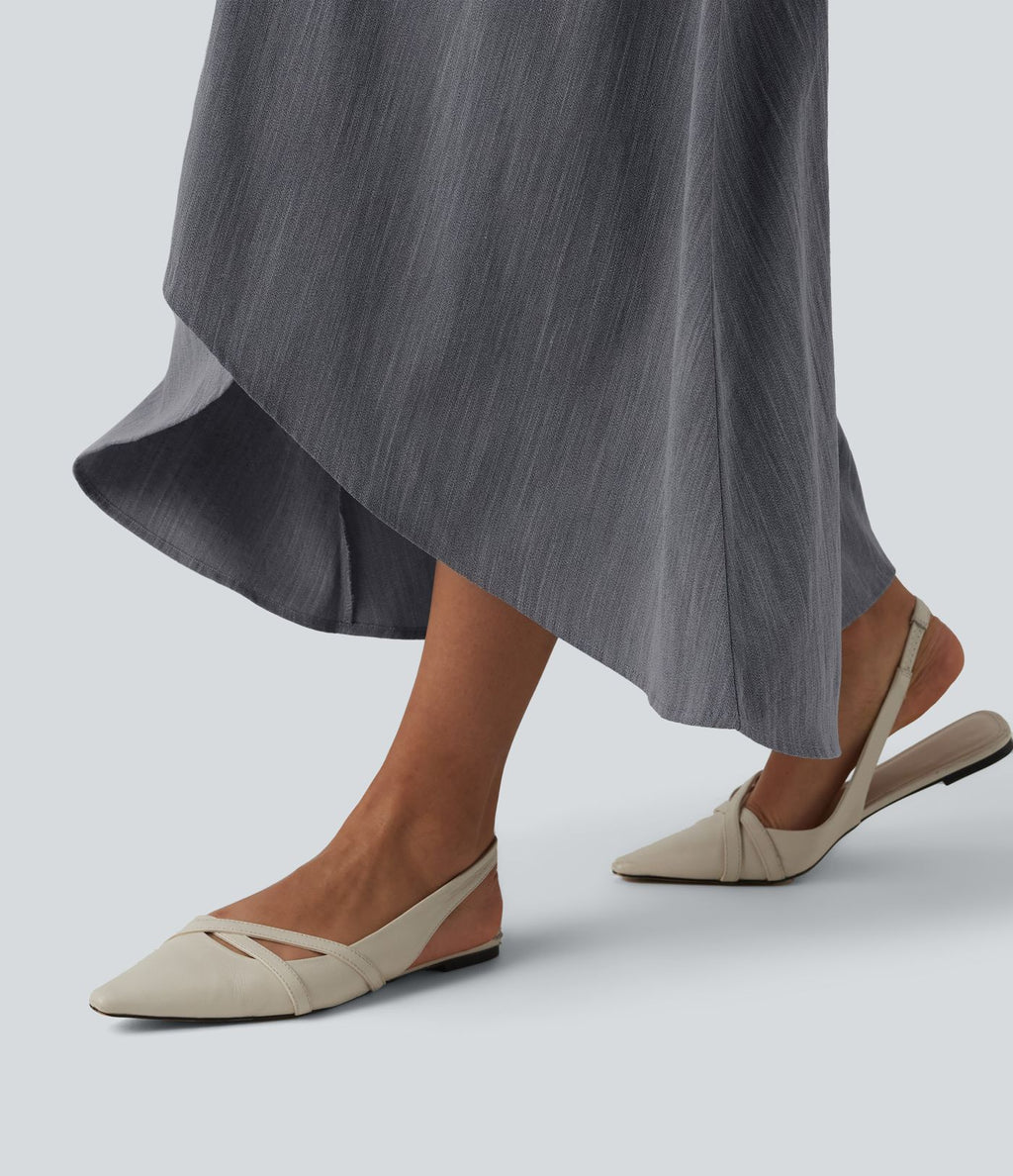Jupe longue taille haute ourlet asymétrique aspect lin