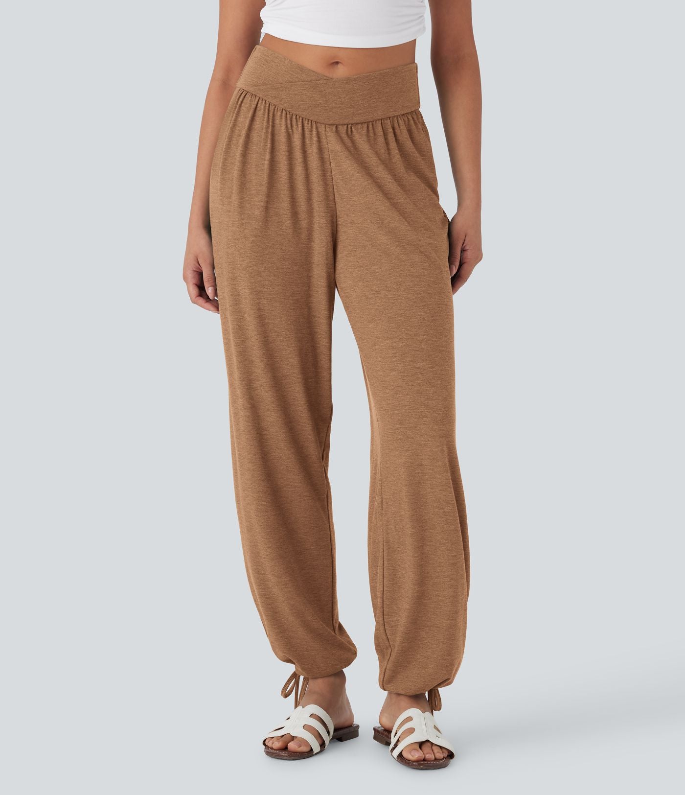Pantalon de jogging décontracté à taille haute croisée avec poches latérales et cordon de serrage