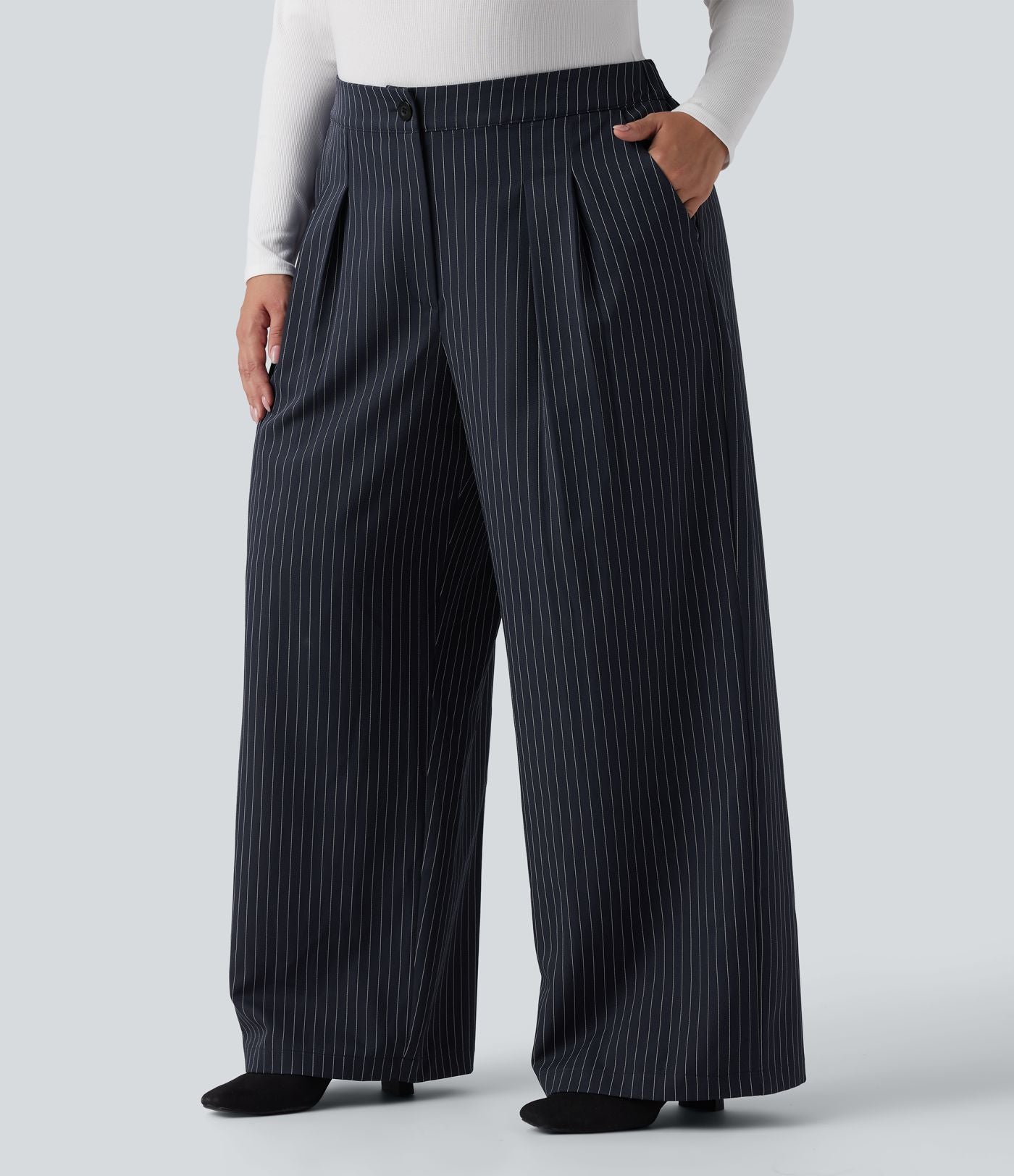 Pantalon tailleur large grande taille taille haute à rayures avec poches