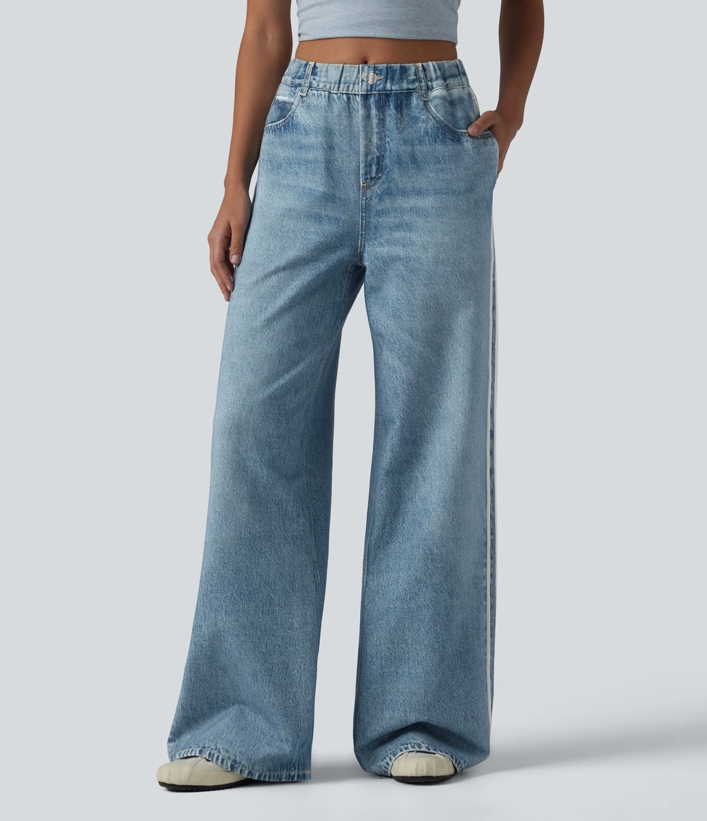 Jean de survêtement décontracté à rayures en tissu éponge français imprimé denim taille mi-haute avec poches