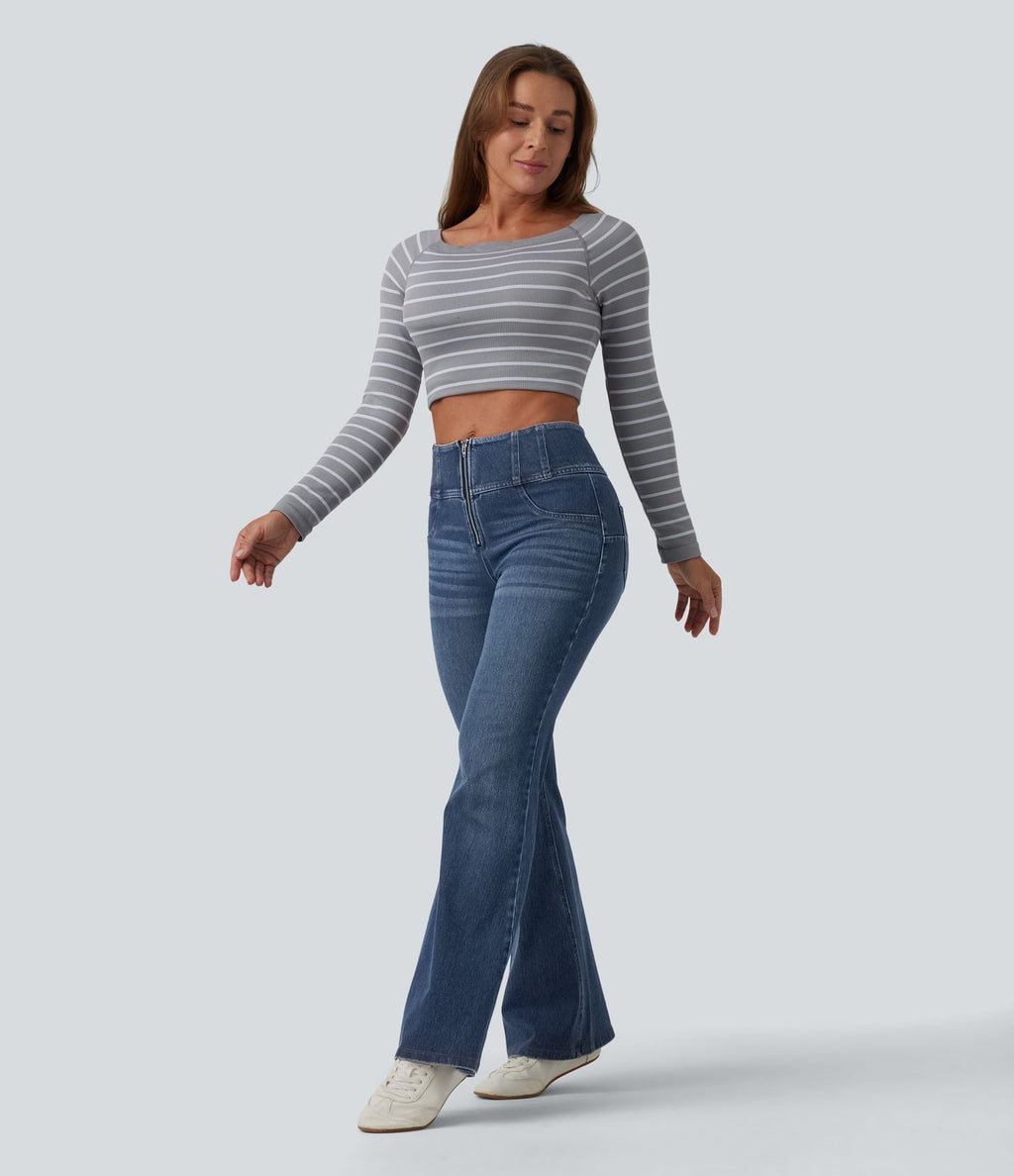 Jean évasé décontracté Halara Flex™ gainant taille mi-haute demi-zip avec poches