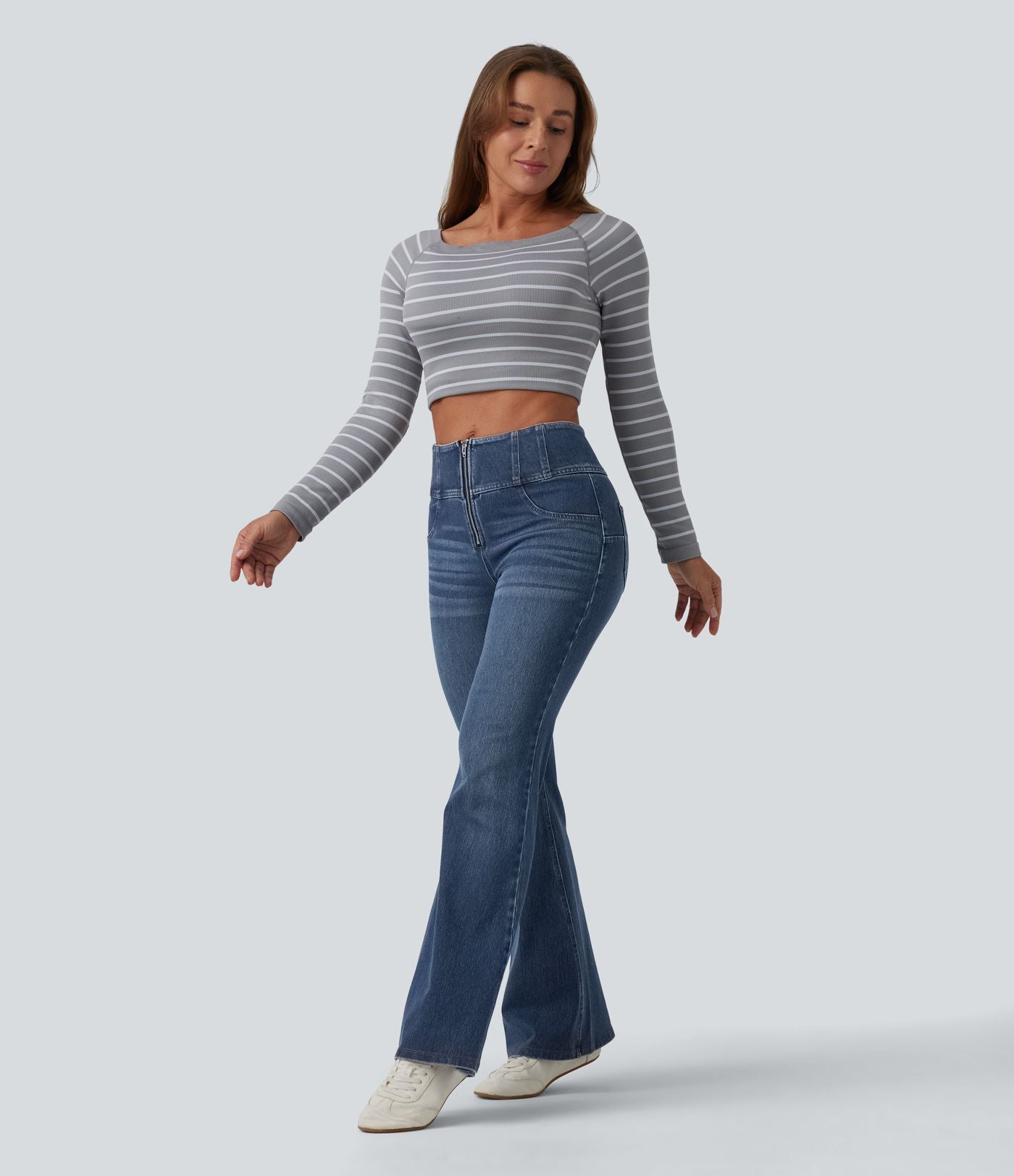 Jean évasé décontracté Halara Flex™ gainant taille mi-haute demi-zip avec poches