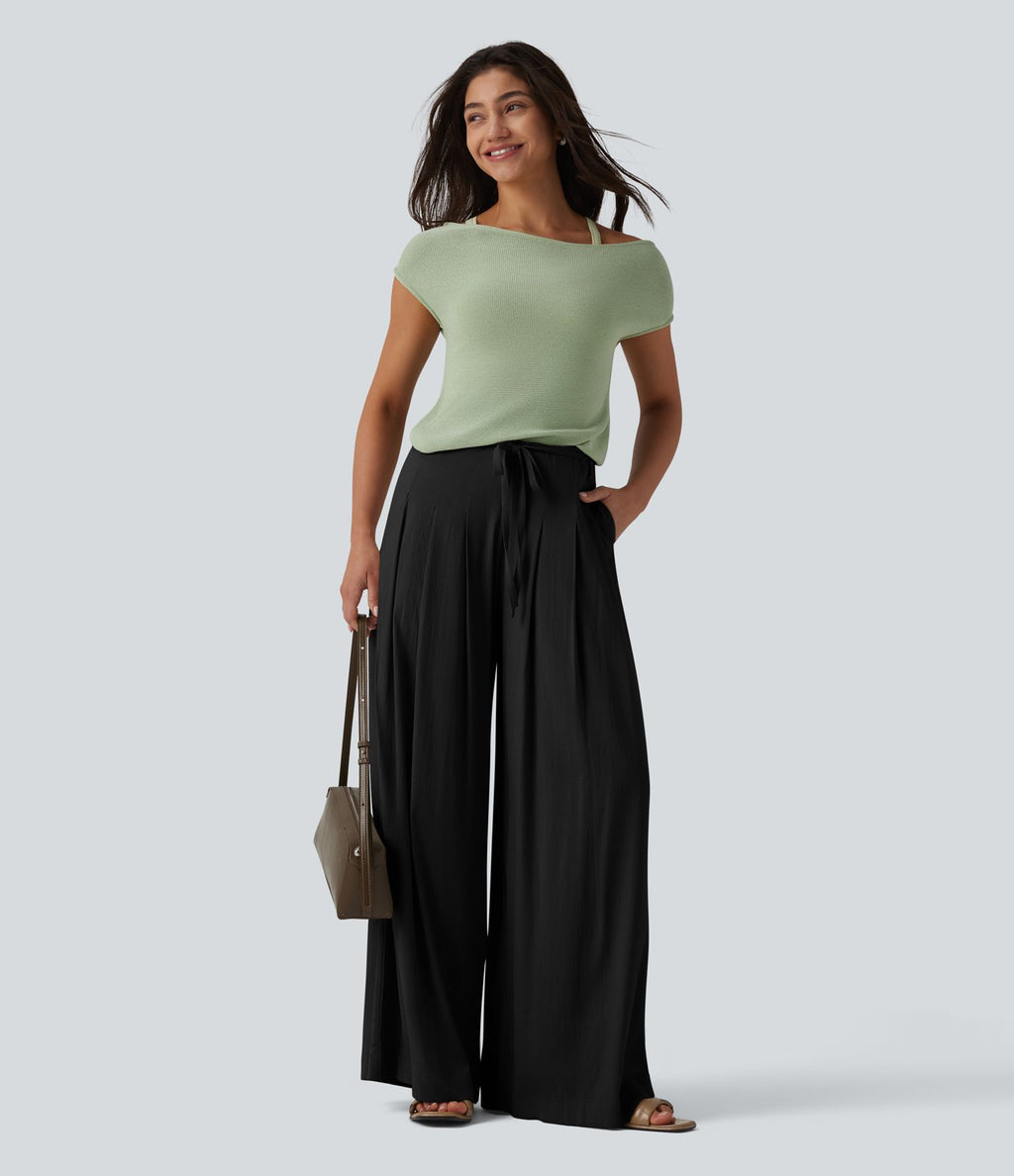 Pantalon large fluide taille mi-haute aspect lin avec ceinture et poches