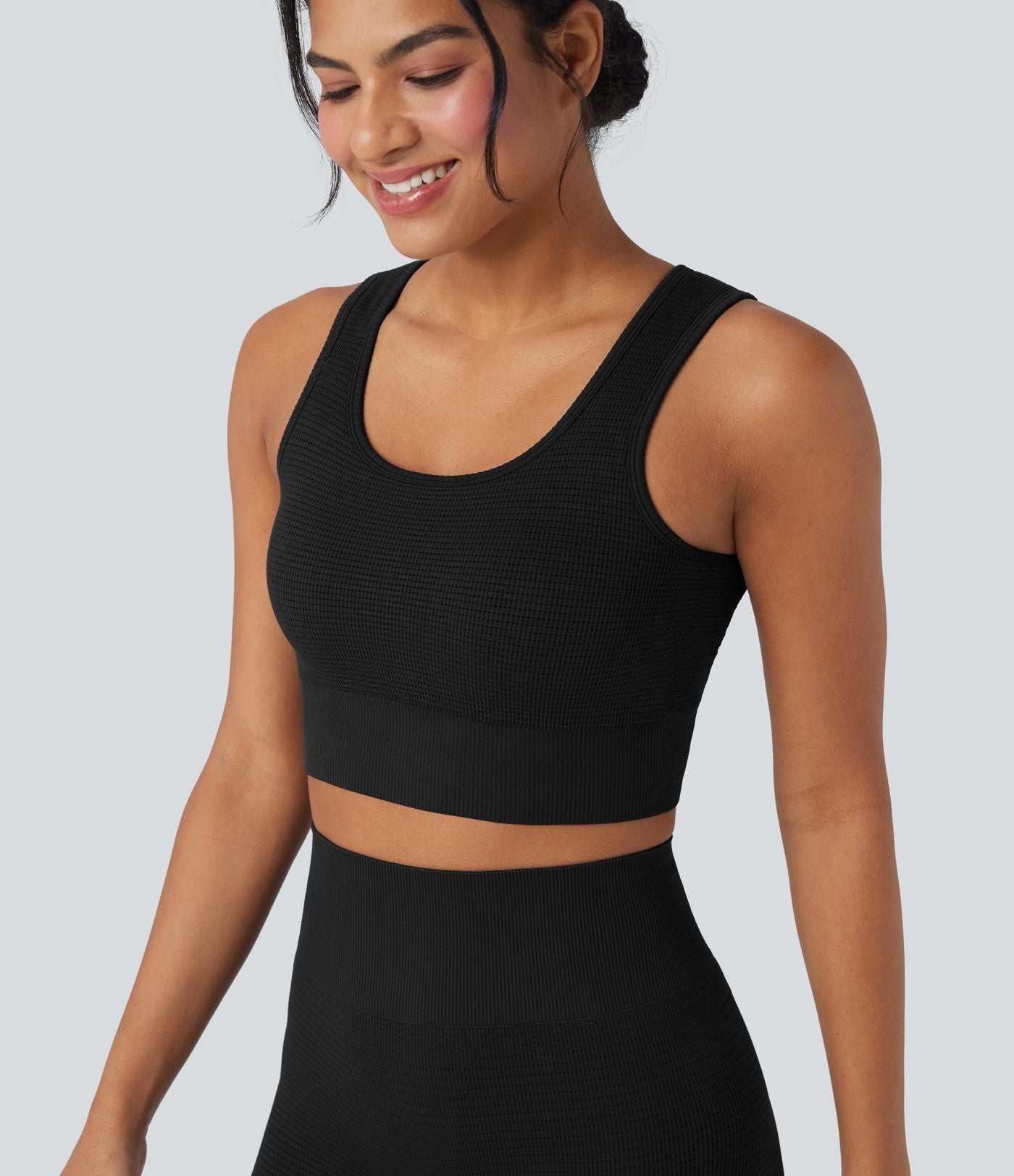 Brassière de sport yoga courte maintien léger col U en maille gaufrée sans couture OneForm Seamless Flow