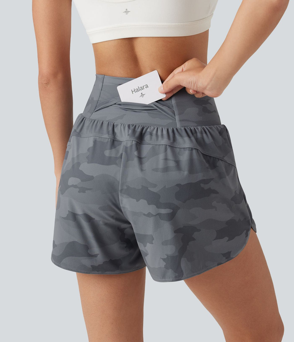 Short de running 2 en 1 Halara UltraSculpt™ gainant imprimé camouflage, taille haute, ourlet incurvé, 10 cm, avec poche