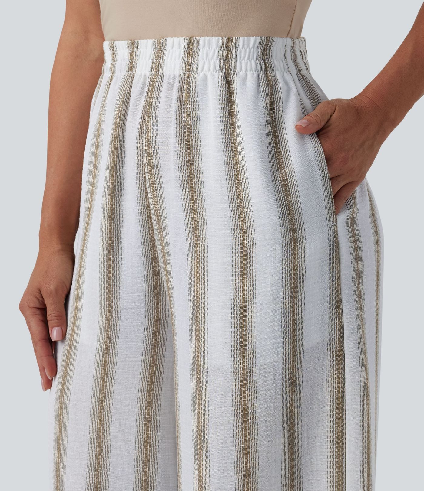 Pantalon casual ample taille haute aspect lin à rayures avec poches