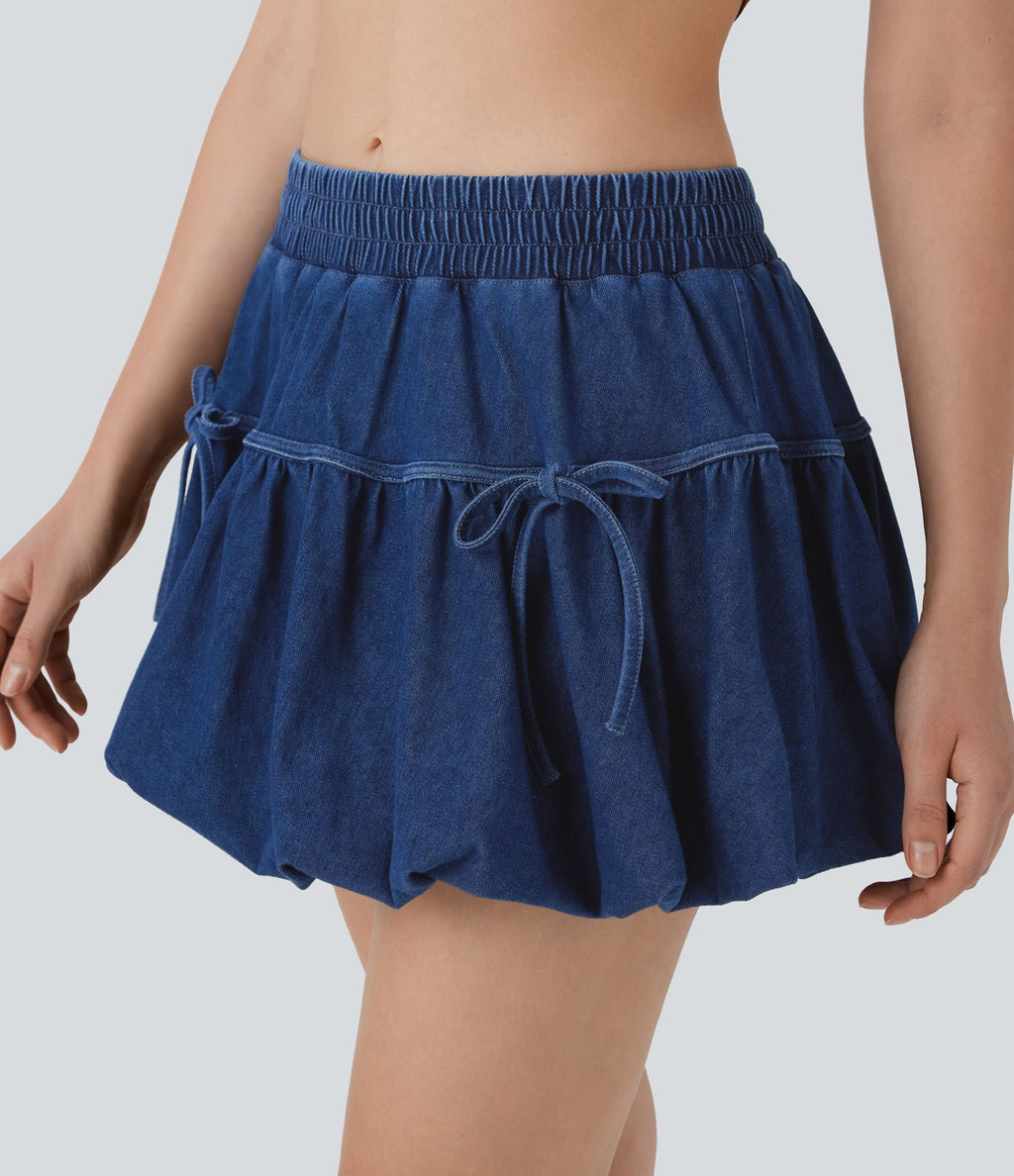 Halara Flex™ jupe-short boule mini 2-en-1 taille moyenne à nœud en jean extensible délavé